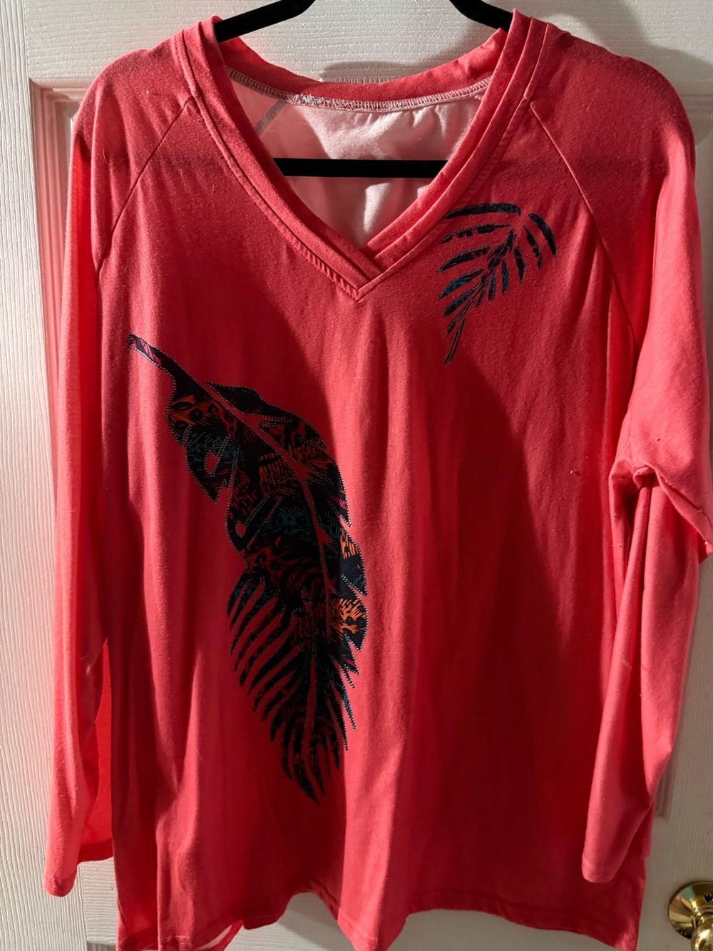 Coral V-Neck Long-Sleeve Top with Feather Motif
